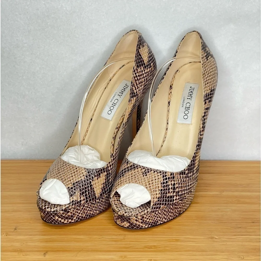 Jimmy Choo Dhalia stilletos 120mm black beige Python skin platform pumps EU38.5